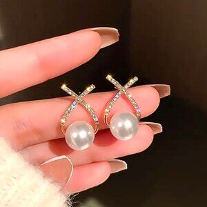 Earrings Pearl Rhinestone Cross Line Gold Simple Trendy Sparkle Pierced Stylish